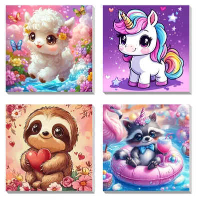Produktbild von Malen nach Zahlen Set - 4-teilig mit Rahmen - DIY Acrylmalerei für Kinder und Erwachsene - Comic Tiere - Leinwand 40x50 cm