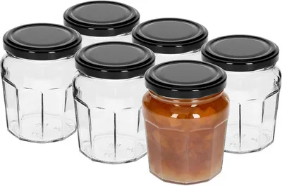 Produktbild von 6er-Set Konfitüregläser 230 ml mit schwarzen Twist-Off-Deckeln Ø63 – Einmachgläser für Marmelade, Honig, Gewürze, Vorratsgläser