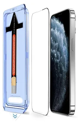 A screen protector kit for an iPhone 11 Pro Max, including the installation guide, the screen protector, and the phone itself.