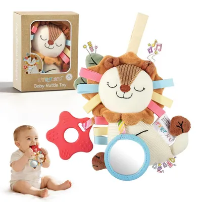 Image de Jouet doudou lion pour poussette, avec attaches, jouet d'éveil en peluche avec anneau de dentition, hochet, jouet bruissant et miroir, pour bébés de 0 à 12 mois