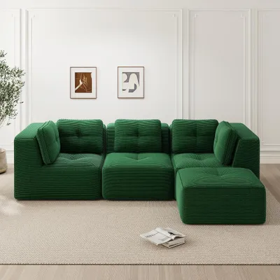 Immagine prodotto di Divano angolare modulare a forma di L, con poggiapiedi, divano in corda, colore verde, 3 posti, con seduta profonda, struttura senza telaio, dimensioni 297x177 cm