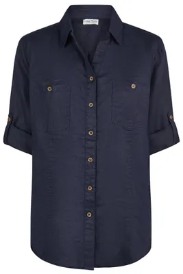 Produktbild von Barbara Lebek Damen Leinenbluse Navy mit Hemdkragen und Brusttaschen