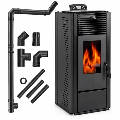 Imagen del producto de Estufa de pellets THUNDER KARMEN-BLACK 9 kW con WiFi, mando a distancia, depósito de 20 kg y kit de tubos de humos, negra