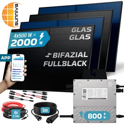 Produktbild von SUNNIVA® 2000W Balkonkraftwerk BIFAZIAL FULLBLACK komplett Steckdose BENY 800W Wechselrichter Set, PV Solaranlage, 5m Kabel, WIFI