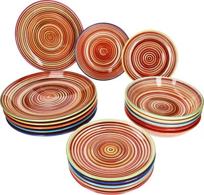 A collection of colorful, swirled ceramic plates and bowls.