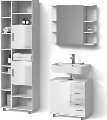 Image de Ensemble de meubles de salle de bains Livinity Eisak Blanc Haute brillance 3 pièces, avec armoire haute, Model 53067