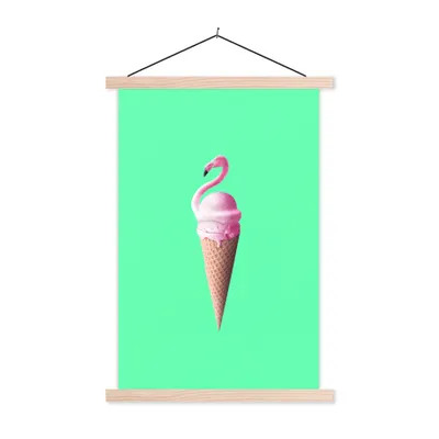 Produktbild von MuchoWow® Textilposter Eistüten - Eiscreme - Flamingo - Rosa - Grün 120x180 cm mit holzfarbenen Rahmen - Textil-Plakat