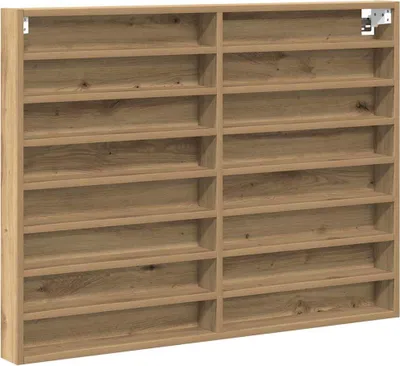 A wooden shelving unit with multiple compartments.