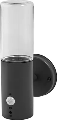 A black and clear cylindrical outdoor wall light with a motion sensor is shown against a white background.