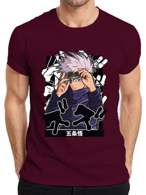 Immagine prodotto di 五条悟 Maglietta da uomo Jujutsu Kaisen Satoru Blindfold White Hair Anime Aesthetics, Borgogna, L