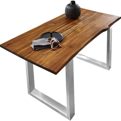 Produktbild von Esszimmertisch 160x85 cm Esra, echte Baumkante, massiver & cognacfarbener Esstisch aus Akazienholz, U-Gestell aus Edelstahl, Baumkantentisch mit 26 mm Platte
