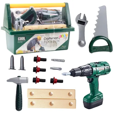 Image de Kit d'outils de bricolage en boîte, perceuse à batterie 14 pièces.