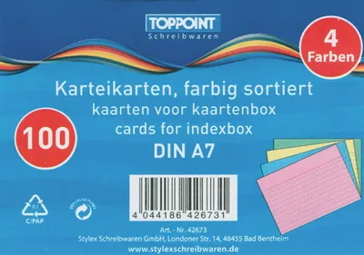 Produktbild von 100 Stylex Karteikarten DIN A7 liniert farbig