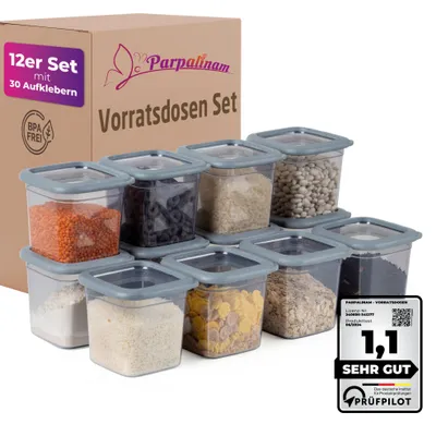Produktbild von Parpalinam Vorratsdosen Set 0,7L 12-teilig mit Aufklebern Luftdichte Kunststoff Vorratsbehälter mit Deckel Anthrazit Gefriergeeignet Vorratsdosen