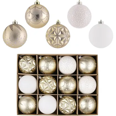 Immagine prodotto di Palline natalizie, 12 pezzi, 8 cm, in plastica resistente alla rottura, color oro bianco, decorazioni natalizie con gancio per appendere