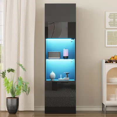 Zdjęcie produktu dla Czarna, błyszcząca witryna z oświetleniem LED, wymiary 45x35x160 cm, wysoka szafka witrynowa z drzwiczkami szklanymi, wykonana z płyty wiórowej