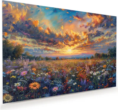 Produktbild von Glasbild 120x80cm in XXL für Wohnzimmer, Schlafzimmer Motiv Blumenwiese Sonnenuntergang