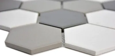 Produktbild von Handmuster Mosaik Fliese Keramik Hexagon weiß grau schwarz unglasiert MOS11B-0123-R10_m