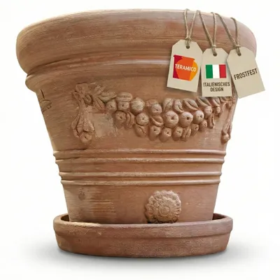 A terracotta pot with decorative elements and attached tags.