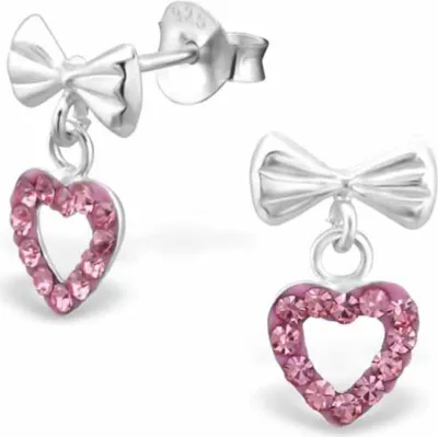 Produktbild von Kinderohrstecker: Mädchen Ohrringe Silber „Kristall Herz mit Schleife“ Rosa
