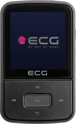 A black ECG MP3 player is shown against a black background. The screen displays the ECG logo and tagline.