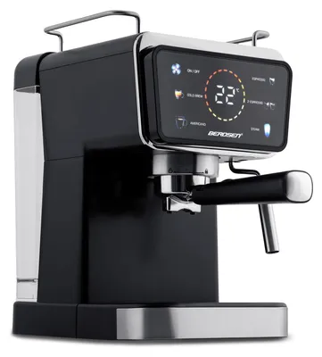A black and silver espresso machine with a digital display.