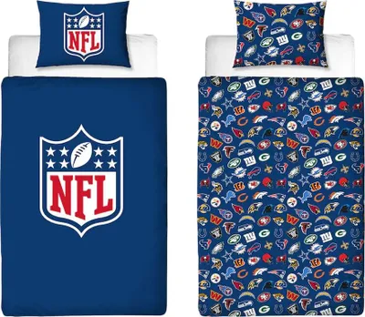 Two sets of NFL bedding, one with a large NFL logo and the other with a pattern of various NFL team logos.