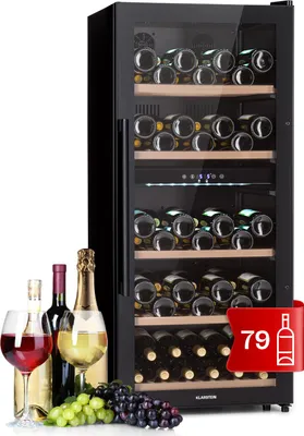 Produktbild von Klarstein Weinkühlschrank, Getränkekühlschrank Schmal, 2 Zonen Kühlschrank mit Glastür, Getränkekühlschränke Freistehend, Weinkühlschrank Klein, Weinkühlschränke mit UV-Schutz, 5-18°C, 79 Flaschen