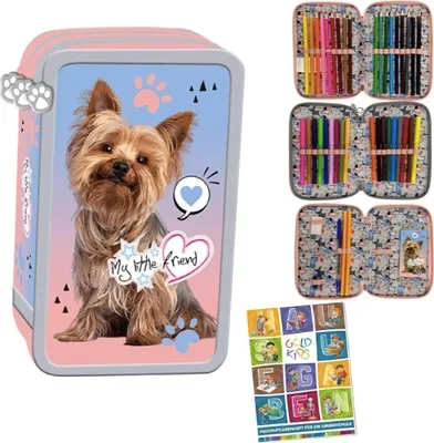 Produktbild von Federmäppchen 3 Fächer - Mäppchen für Mädchen - Federmappe 3-Fach Federtasche Gefüllte Schüleretui 43-teilig  Schulmäppchen und Hausaufgabenheft Hund