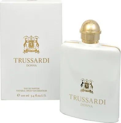 A white perfume bottle and its packaging are displayed against a white background.