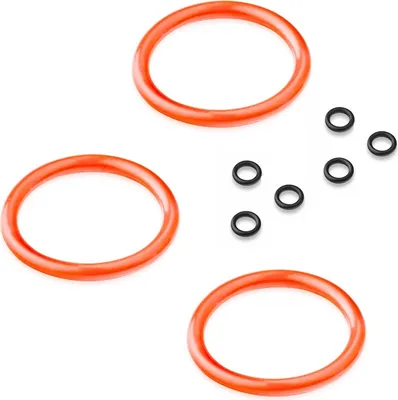 Three large orange O-rings and six small black O-rings are arranged on a white background.