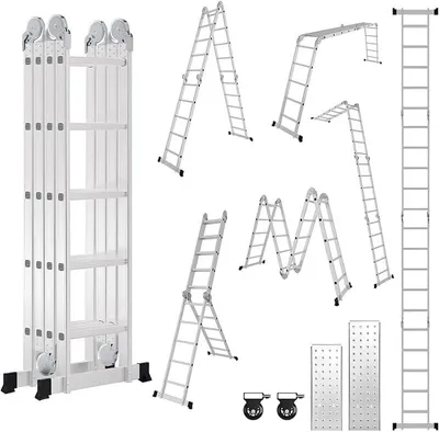 Obrázek produktu pro Víceúčelová žebřík 7v1, 4x5, 582 cm, hliníková, univerzální žebřík, skládací žebřík s platformou a kolečky, multifunkční žebřík s 20 příčkami, střídačka, žebřík pro domácnost, maximální nosnost 150 kg