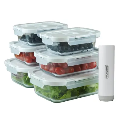 Produktbild von VAKUUMI - Vakuumdose Starterset, Akku-Vakuumpumpe inkl. 6 Vakuumbehälter aus Glas, Kabelos und aufladbar