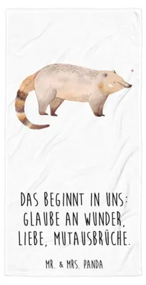 Produktbild von Mr. & Mrs. Panda Strandtuch Nasenbaer - Weiß - Geschenk, Nasenbär, Bär, Großes Badehandtuch, Strandlaken, Lustige Sprüche, Nasenbären, Duschhandtuch, Rüsselbär, Handtuch