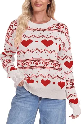 Image de Pulls ASKSA Femme Casual Cœur Imprimé Pulls en tricot col rond manches longues Pulls d'hiver Chaud Jumper Sweat festif (Blanc,M)