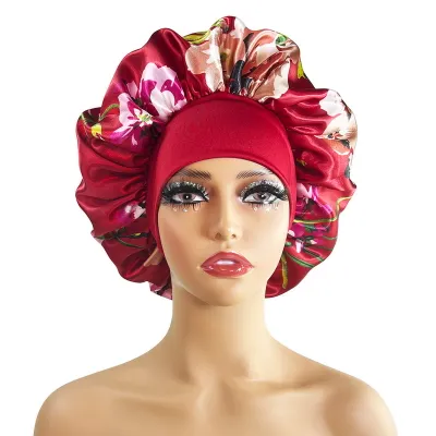 Produktbild von Haarhaube aus Seidensatin, extragroße Schlafhaube aus Satin, bequemer Blumendruck, elastisches Band, hohe Dichte, Damenzöpfe, lockige Nachtmütze, B