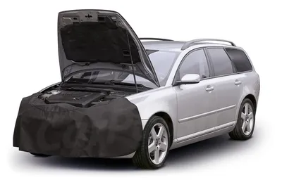 A silver station wagon car with its hood open and a black protective cover over the front bumper and engine area.