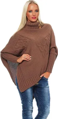 Produktbild von 30-01 Mississhop Damen Poncho Strick Pullover weiche Strickjacke Cape Umhang Überwurf One Size Kakao