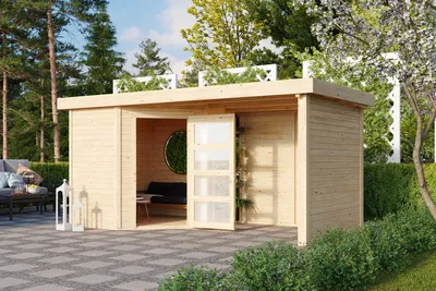 Produktbild von Karibu Gartenhaus Gerätehaus Schwandorf 3 im Set mit Anbaudach 2,40 m Breite und 19 mm Seiten- und Rückwand naturbelassen 433x217x218 cm