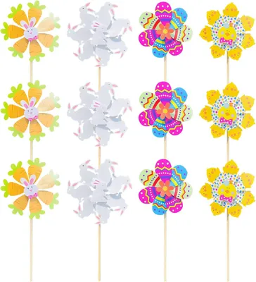 Produktbild von Garten-Windspinner, 12 Stück – Ostereier und Gartenstäbe mit Comic-Windmühlen als Dekoration für Garten, Außenbereich, Terrasse, Hinterhof und Balkon