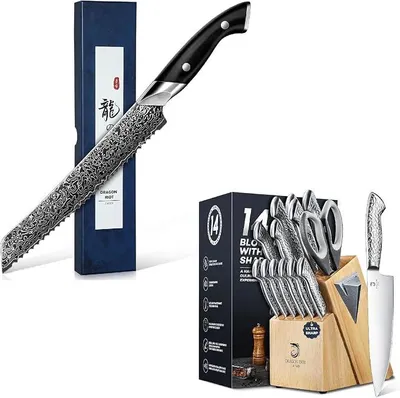 Imagen del producto de Juego de cuchillos con bloque – 14 piezas. Bloque de cuchillos autoadorables que incluye un cuchillo de pan damasco con filo ondulado