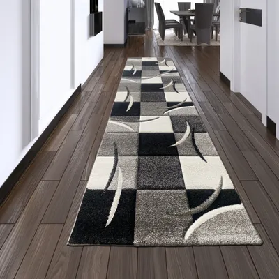 Image de Tapis design Moquette moderne Tapis de salon Tapis à poils courts avec découpe de contours Motif à carreaux Gris Blanc Noir Taille - 80 x 300 cm