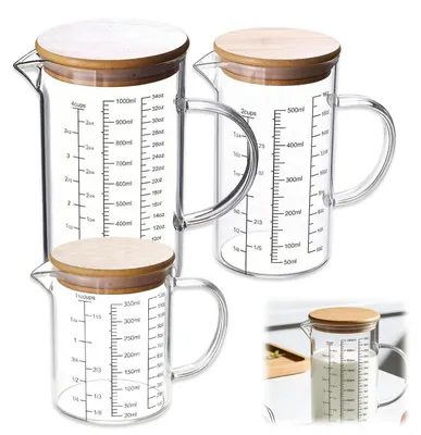 Produktbild von Messbecher Set 3 Stück Glas 350ml 500ml 1000ml mit Bambusdeckel und Silikondichtung