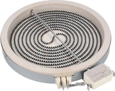 A close-up, straight-on view of a coiled electric stove burner element.