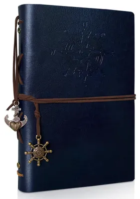 Immagine prodotto di Quaderno A5 in ecopelle blu scuro, ricaricabile, con carta kraft bianca, stile vintage