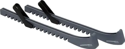 A pair of gray skate guards with black straps, shown against a white background.