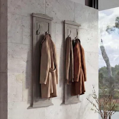 Zdjęcie produktu dla zestaw 2 wieszaków na płaszcze T33, wieszak ścienny, panel wieszakowy, haczyki ścienne drewno 109x28x4cm ~ szaro-brązowy shabby