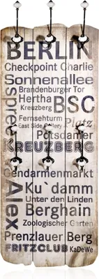Produktbild von Mucola Wandgarderobe 100cm Garderobe mit 6 Kleiderhaken Shabby Chic Holz Garderobenpaneel - Spruch Berlin