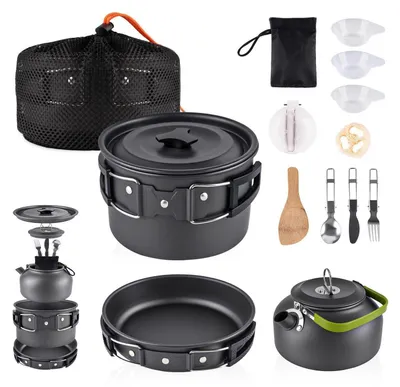 Image de Ensemble de vaisselle de camping, 12 pièces, aluminium noir, idéal pour une utilisation en extérieur