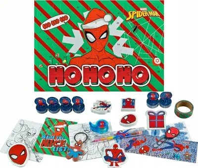 A Spider-Man themed advent calendar with various small toys and accessories displayed below it.